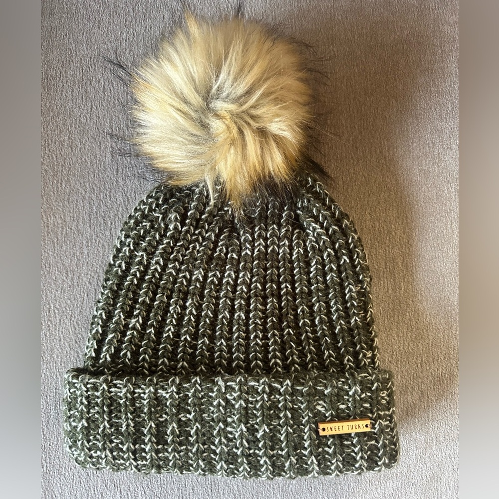 Olive Knit Beanie with Faux Fur Pom-Pom